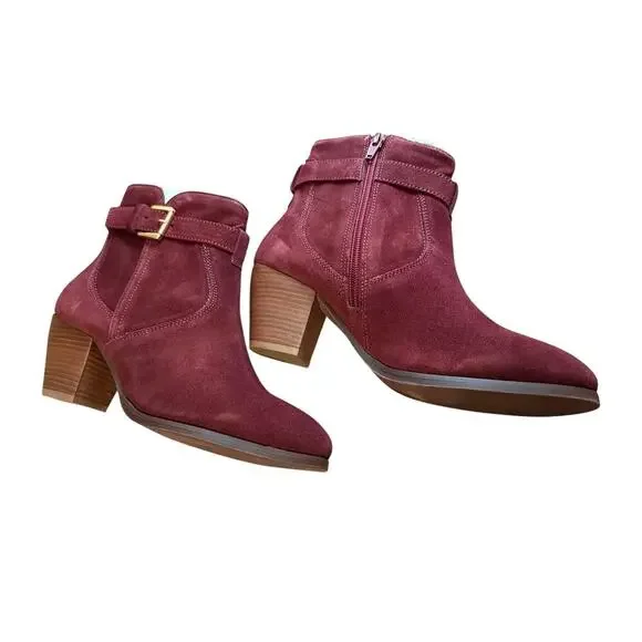 NWT Diba Shoes Bootie Burgundy Suede Brown Buckle Leather Women Sleek Block Heel - Picture 6 of 8
